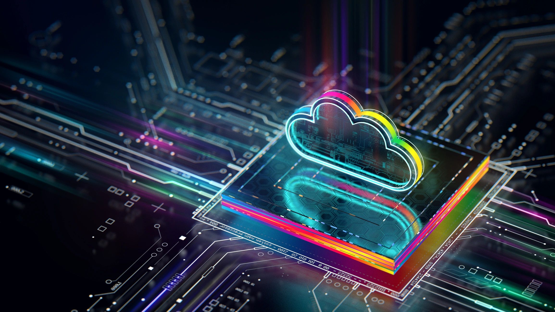 Cloud computing concept on circuit board representing backup and data transfer